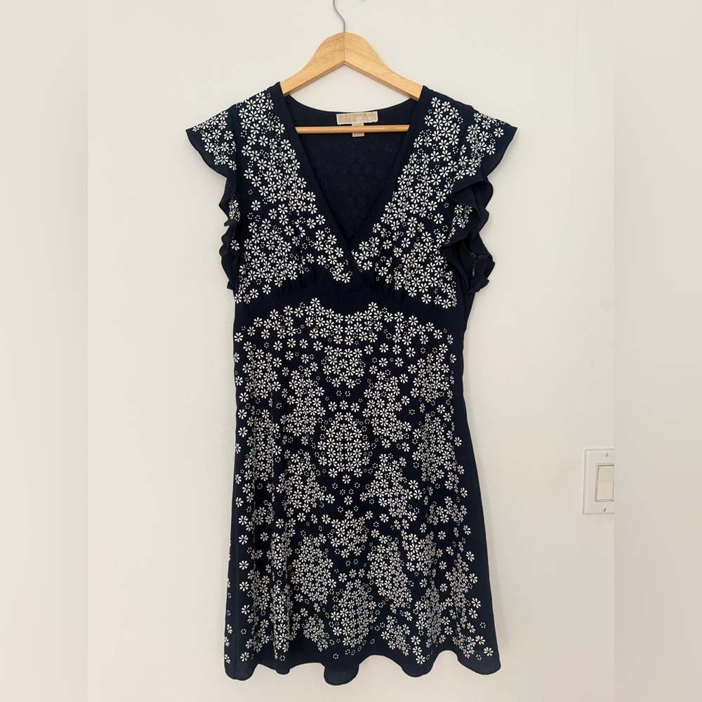 Michael Kors Navy and White Floral Midi Dress